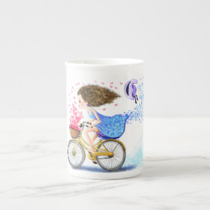 Caneca De Porcelana Garota feliz com moto de bicicleta