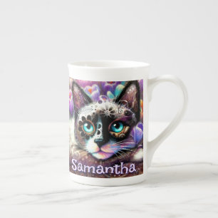 Caneca De Porcelana Gatinho Branco Siamês Gato Crocus Floral Personali
