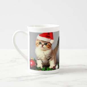 Caneca De Porcelana Gatinho natal vintage em Santa Hat