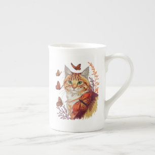 Caneca De Porcelana Gato com Borboletas Monarcas