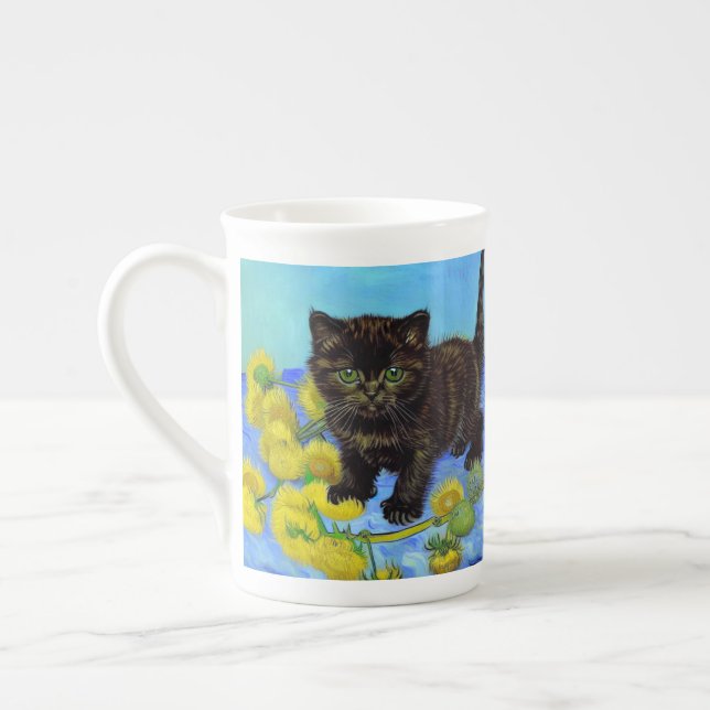 Caneca De Porcelana Gato de estilo Van Gogh com Sunflower (Esquerda)