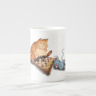 Caneca De Porcelana Gato e Rato Tocando Cartoon de Xadrez Engraçando 