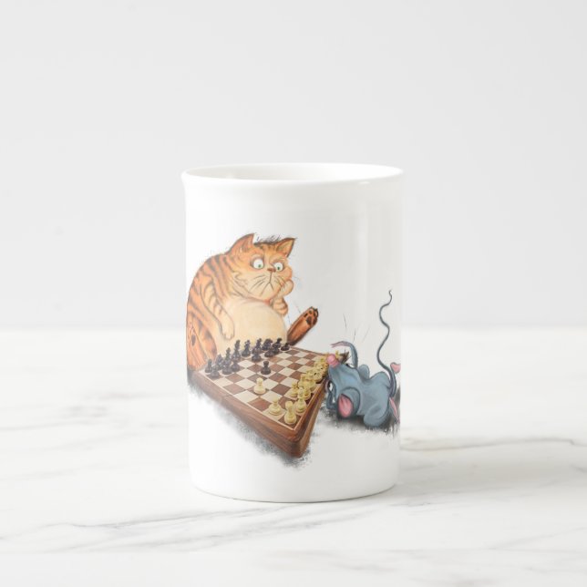 Caneca De Porcelana Gato e Rato Tocando Cartoon de Xadrez Engraçando E (Frente)