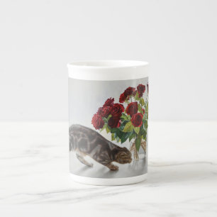 Caneca De Porcelana Gato e Rosas Vermelhas – Impressão de Pintura a Ól