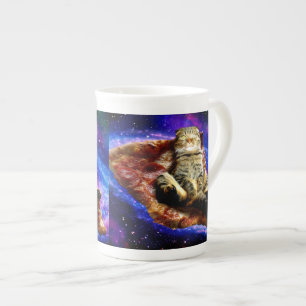 Caneca De Porcelana Gato espacial deitado numa pizza