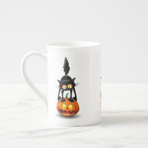Caneca De Porcelana Gato Halloween Caricatura Assustada na Pumpkin