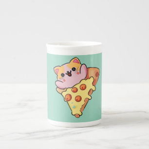Caneca De Porcelana Gato Kawaii Abraçando Pizza de Pepperoni Cartoon