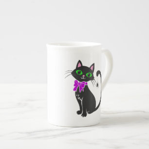 Caneca De Porcelana Gato preto com arco - Escolher cor de fundo