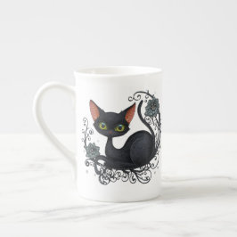 Caneca De Porcelana Gato Preto em um Berço de Flores