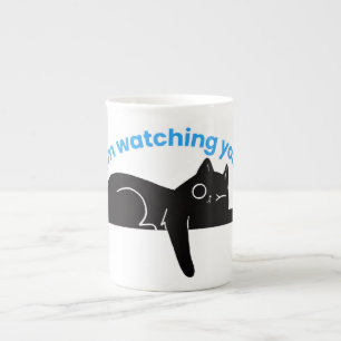 Caneca De Porcelana Gato Preto Engraçado Ilustração Minimalista