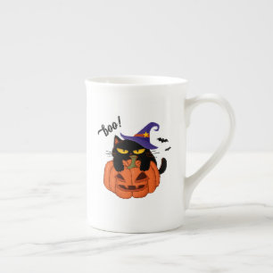 Caneca De Porcelana Gato preto gorducho de chapéu de bruxa no Hallowee