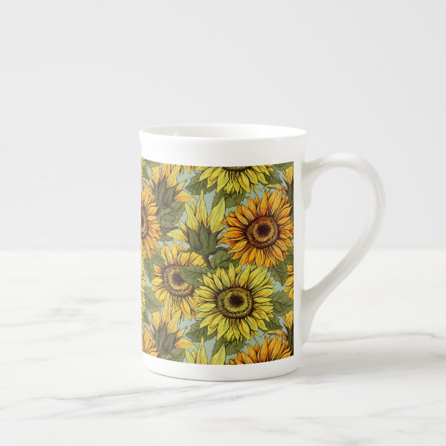 Caneca De Porcelana Girassóis em Sage Background Foliage Orange Yello (Direita)