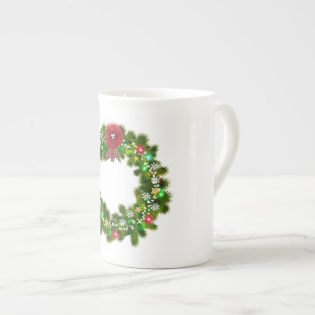 Caneca De Porcelana Grinalda Festiva de Natal Decorada (Frente Esquerda)