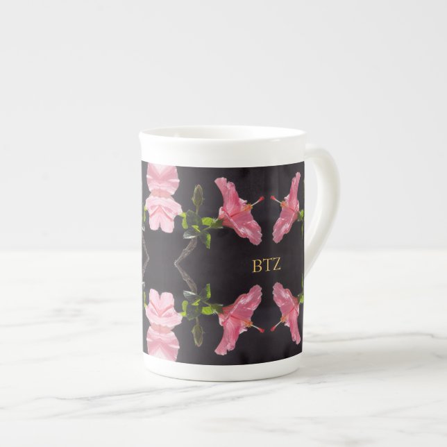 Caneca De Porcelana Hibiscus rosa em preto (Frente Esquerda)