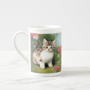 Caneca De Porcelana Ilustração de Gato Vintage com Flores Vermelhas