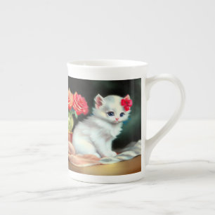Caneca De Porcelana Ilustração Vintage White Kitten com Flores Vermelh