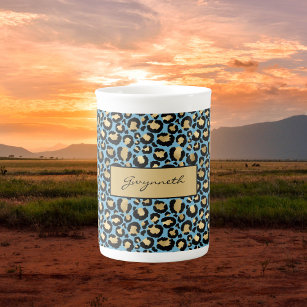 Caneca De Porcelana Impressão Dourada de Leopardo Negro Azul com Seu N