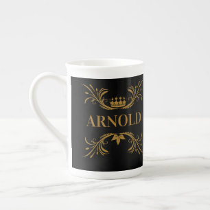 Caneca De Porcelana Iniciais Coroa Preta e Dourada Elegante