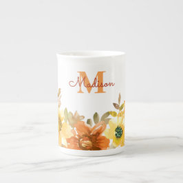 Caneca De Porcelana Iniciais do Monograma Nome Laranja Floral Aquarela