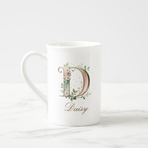 Caneca De Porcelana Inicial D Floral Dourada Personalizada