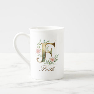 Caneca De Porcelana Inicial F Floral Dourada Personalizada