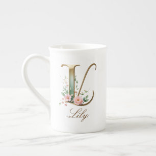 Caneca De Porcelana Inicial Floral Dourada Personalizada L