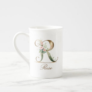 Caneca De Porcelana Inicial R de Monograma Floral Dourado Personalizad
