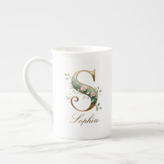 Caneca De Porcelana Inicial S Floral Dourada Personalizada