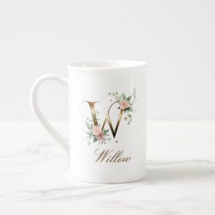 Caneca De Porcelana Inicial W Floral Dourada Personalizada