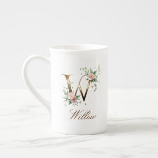 Caneca De Porcelana Inicial W Floral Dourada Personalizada