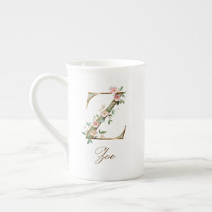 Caneca De Porcelana Inicial Z Floral Dourada Personalizada