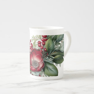 Caneca De Porcelana Inverno Floral Verde Branco Ampliado