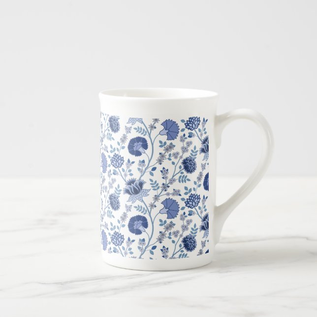 Caneca De Porcelana Jacobean Floral Pattern Blues em Branco (Direita)