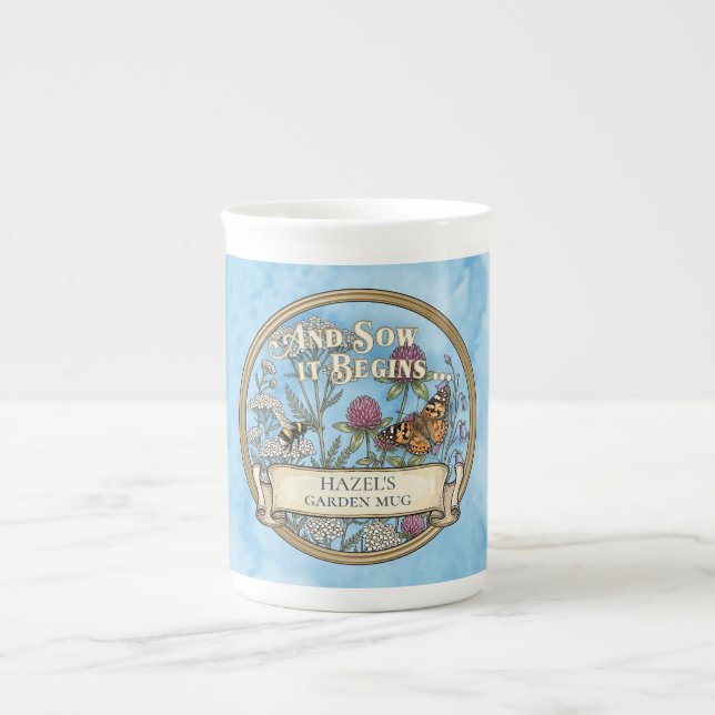 Caneca de porcelana Jardim de Polinizadores Azuis (Frente)