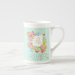 Caneca De Porcelana Jardim Florido Romântico Monograma Verde