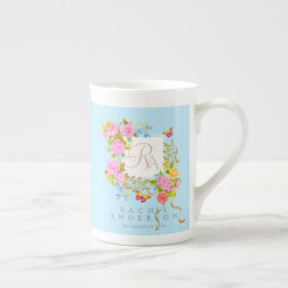 Caneca De Porcelana Jardim Romântico Florido Monograma Azul