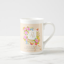 Caneca De Porcelana Jardim Romântico Florido Monograma Bege