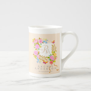 Caneca De Porcelana Jardim Romântico Florido Monograma Bege