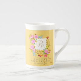Caneca De Porcelana Jardim Romântico Florido Monograma Dourado Amarelo
