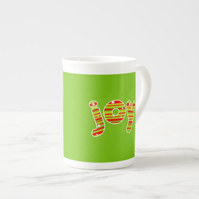 Caneca De Porcelana JOY at Christmas, Red & Green Stripes (Frente Esquerda)