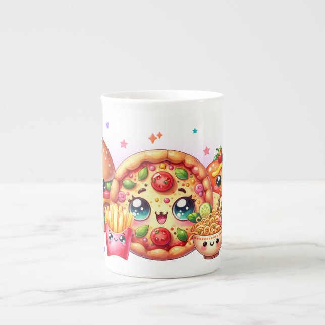 Caneca De Porcelana Kawaii Happy Comida Burger, Pizza e Hotdog (Frente)