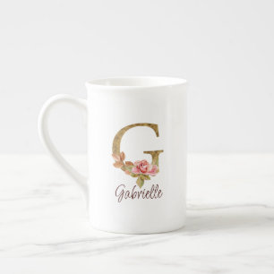 Caneca De Porcelana Letra personalizada G Dourado Folha Rosa Bege Rosa