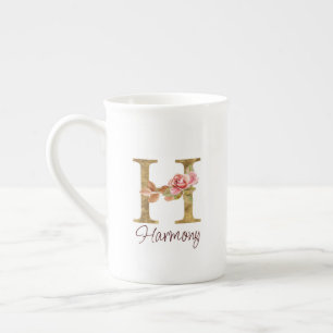 Caneca De Porcelana Letra Personalizada H Folha Dourada Rosas Rosa Pál