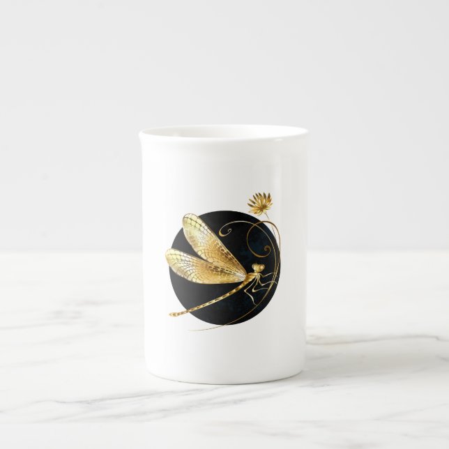 Caneca De Porcelana libélula ouro em círculo preto (Frente)