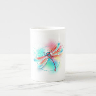Caneca De Porcelana libélula vermelha sobre fundo de aquarela