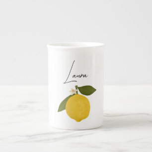 Caneca De Porcelana Limão Amarelo com Folhas Verdes Citrino Fresco