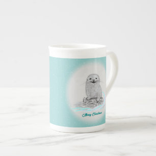 Caneca De Porcelana Linda Bebê de Lontra Marinha Branca, Feliz Natal