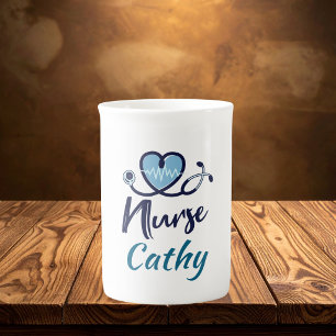 Caneca De Porcelana Linha de Vida Fofa Enfermeira Coração Azul Persona