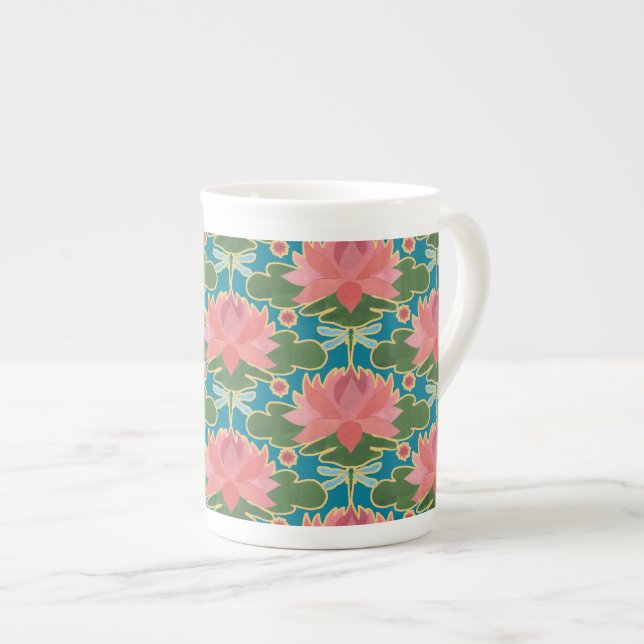 Caneca De Porcelana Lírios de água rosa e libélulas Ósseas - China Mug (Frente Esquerda)