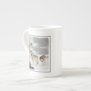 Caneca De Porcelana Lobos na pintura da neve - arte original dos